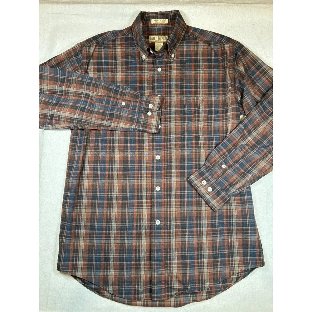 SunRiver Mens Small Brown Plaid Button Down Shirt Wrinkle Stain Resistant
